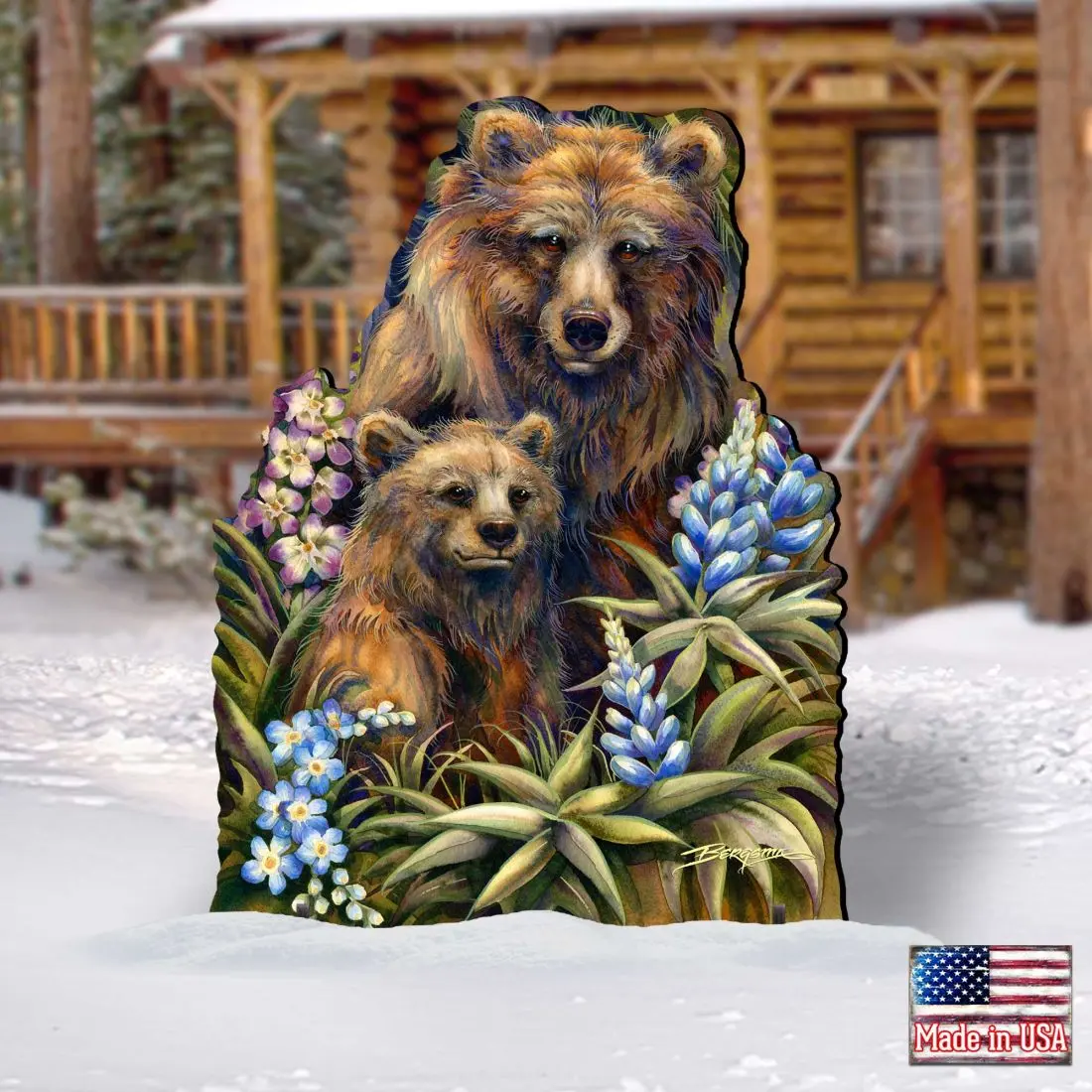 Designocracy 8591947F-JB 32x24 in. Handcrafted Plywood Grizzly Mother & Cub Wildlife Garden Statue - UV Protective Garden Art Collectible for Friends and Family, Holiday Home Outdoor Decor
