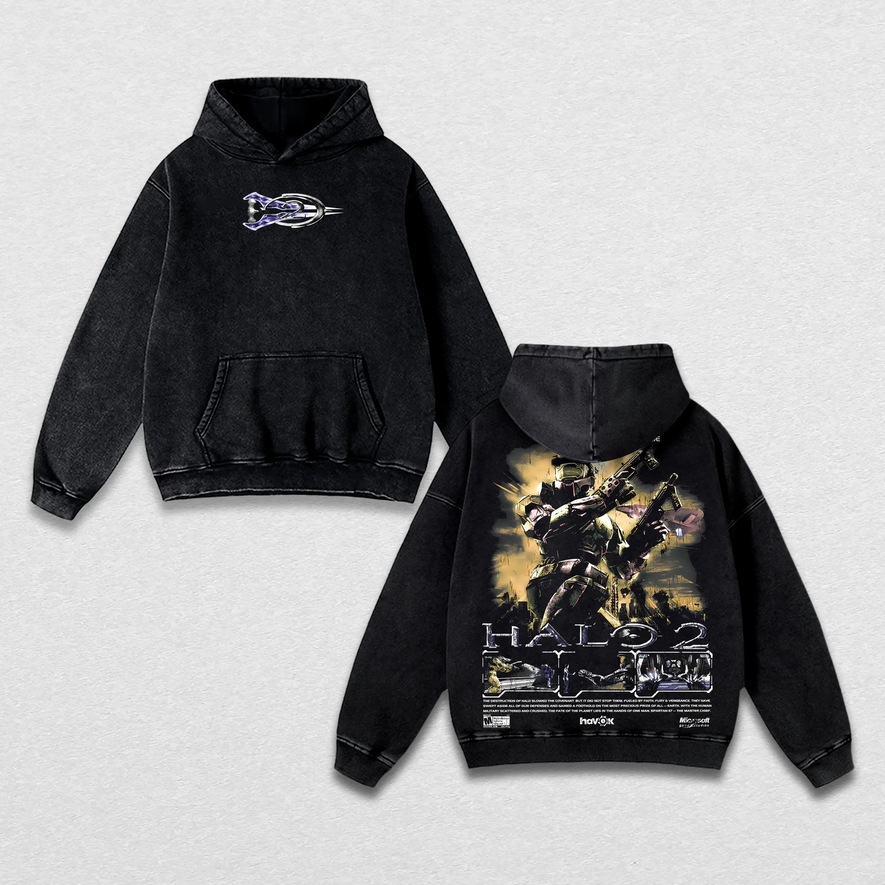 Halo 2 Master Chief Legacy Edition Washed Hoodie & T-Shirt – Vintage Acid Washed Oversized Gaming Graphic Top, Retro Streetwear Cotton Pullover & Tee, Unisex Gift for OG Xbox Fans