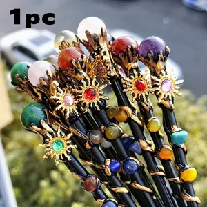Natural Crystal Ball Amethyst Stone Magic Scepter, Fairy Lucky Tumble Stone, Decorative Witch Stick, Halloween Decorations