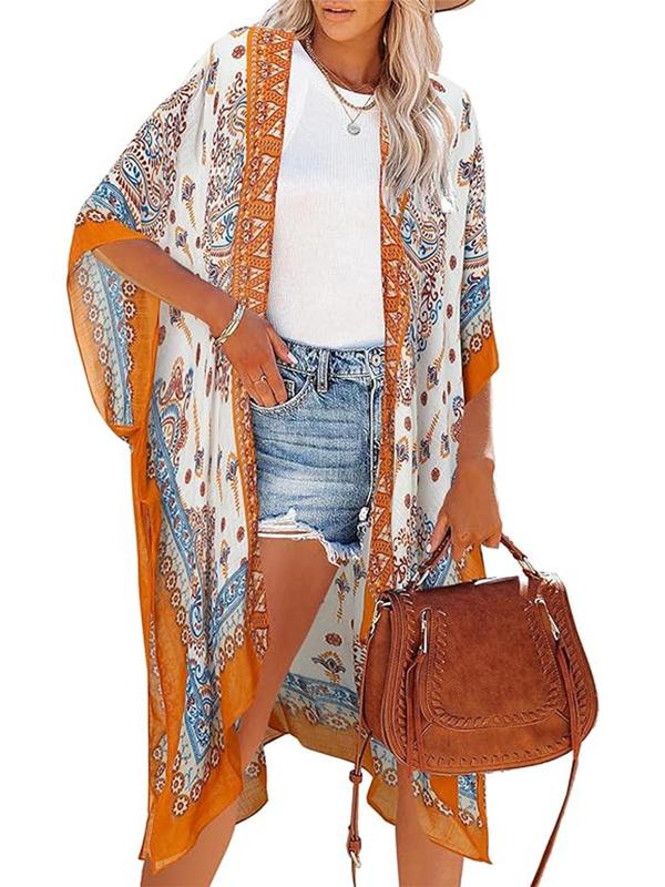 Women's Ethnic Pattern Kimono, Boho Casual Open Front Cover Up for Beach Vacation, Ladies Spring & Fall Clothes Women's Ethnic Pattern Kimono, Boho Casual Open Front Cover Up for Beach Vacation, Ladies Spring & Fall Clothes
