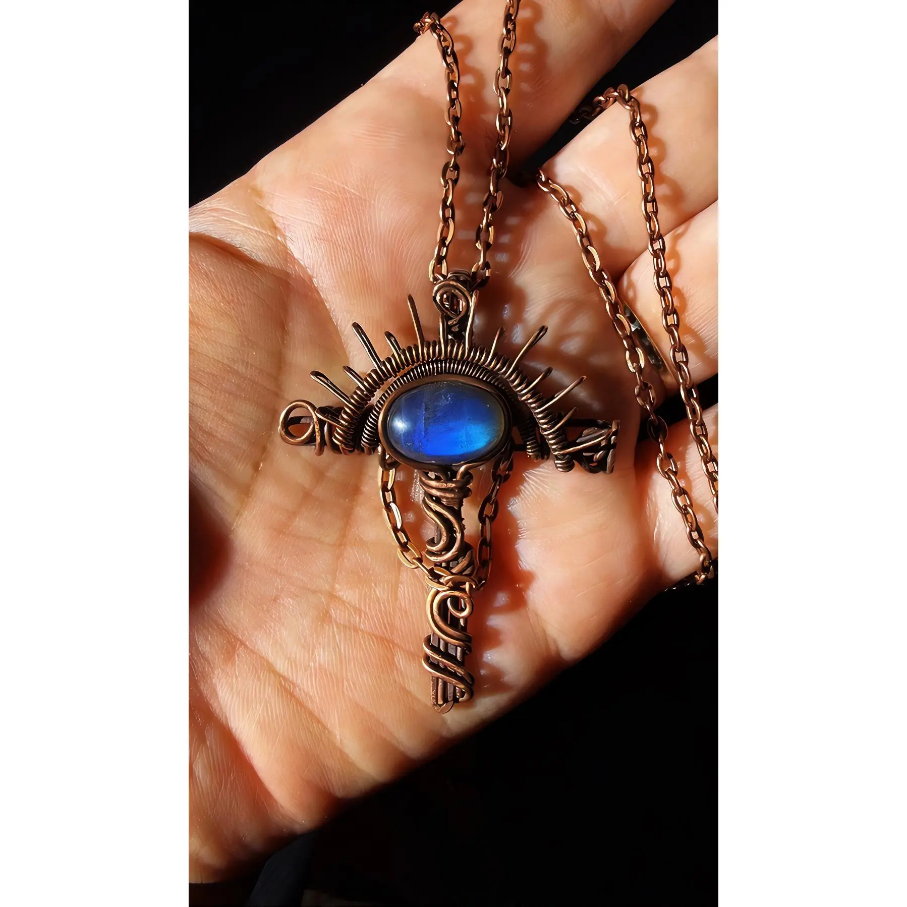 Elegant Blue Opal Cross Pendant with Intricate Wire Design - Female Fit Short-Length Chain Necklace, Everyday Wear Jewelry That Includes Pendant