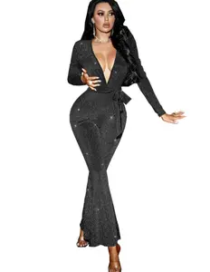 Elegant Deep-V Neck Long Sleeve Jumpsuit with Belt Sparkly Sparkle Design for Women