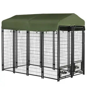 Kennel Outdoor Rotating Bowl Holders Walk in Pet Playpen Welded Wire Steel Dog Fence with Water and UV Resistant Canopy Green