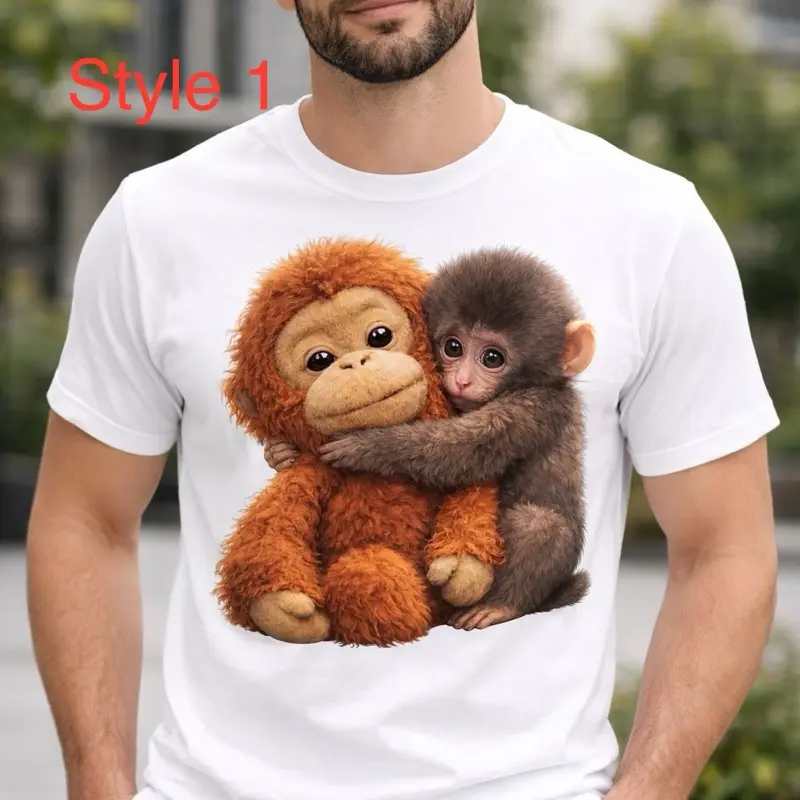 Men's T-Shirt, Soft Classic Fit Crew Neck with Playful Monkey Graphic, Breathable Cotton-Polyester Loungewear Top