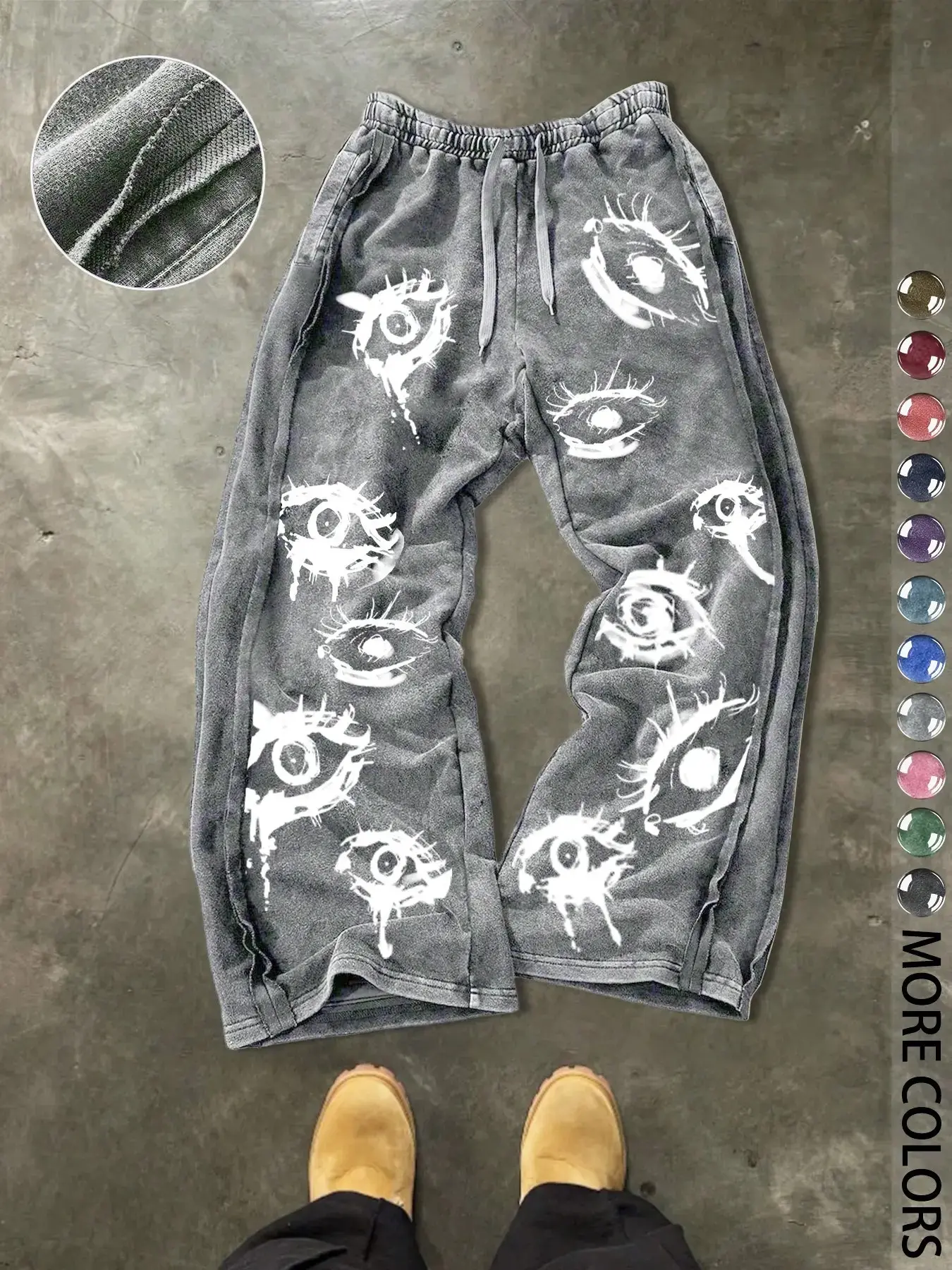 Men's Casual Loose Comfy Fit Cotton Sports Pants, Devil Eye Print, Outdoor, Vacation, Party, Daily Wear, Street Style, Drawstring Waist, Adjustable Waist Pants