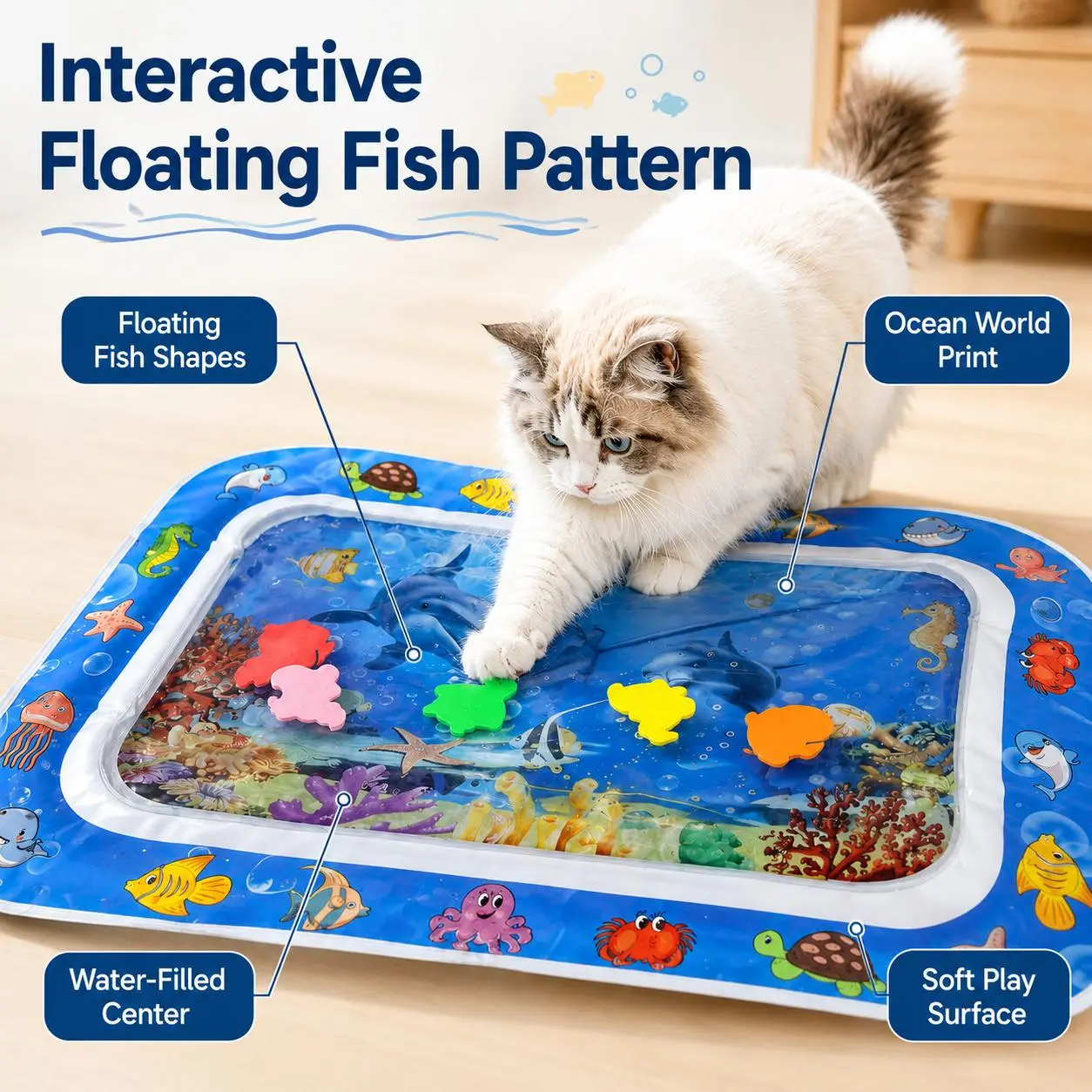 Square Cat Waterbed Mat Toy Interactive cat water play mat – splash-proof cat toy with floating fish pattern. Ideal for indoor use with kittens. Perfect pet supply and cat accessory, also makes a great birthday gift.