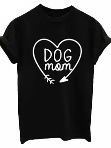 Dog Mom Heart Arrow Crew Neck T-Shirt, Cute Dog Lover Tee, Slim-Fitting Casual Graphic Top, Perfect Gift for Pet Owners