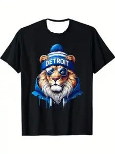 Detroit Lions Fan Knit T-Shirt, Trendy Urban Street Style, Cool Lion with Blue Hat and Sunglasses, Casual Fitted Round Neck Short Sleeve