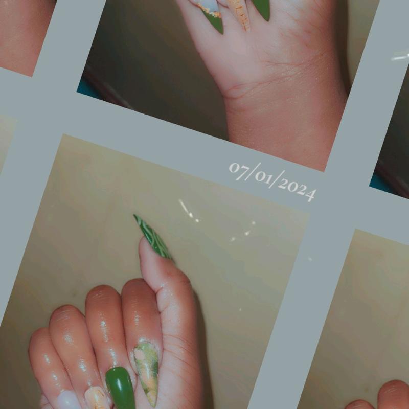 Affirm Me (BossLady) PRESS-ON 25pc Set Stilletto Shape , Hunter  Green, Gold flakes, 3D Art Nail Care Nail Polish Cosmetic Manicure Nail Art Cutics