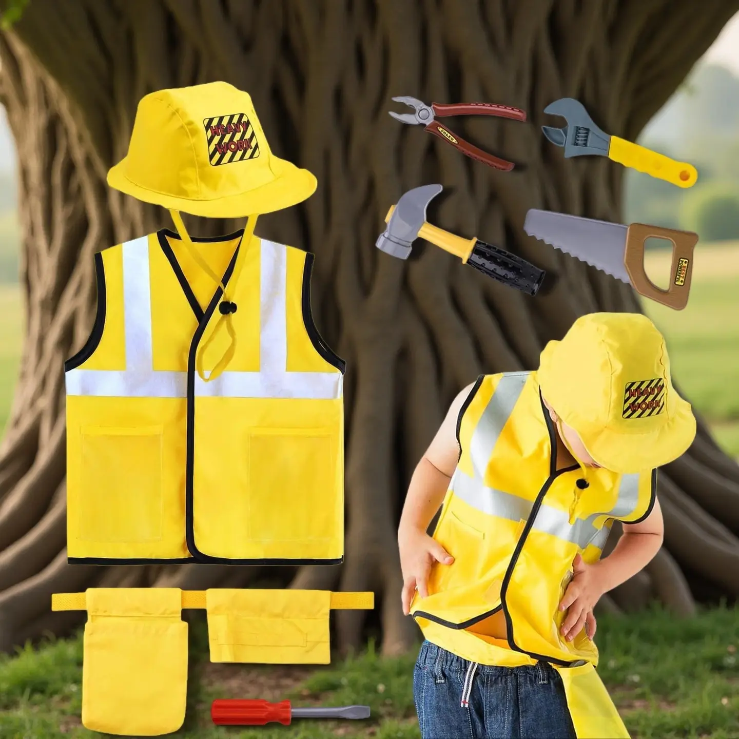 Kids' Construction Worker Costume, Nylon Builder Dress Up Clothes with Vest, Hat, Tool Belt & Toy Screwdriver for Birthdays & Pretend Play, 1 Durable Nylon Vest