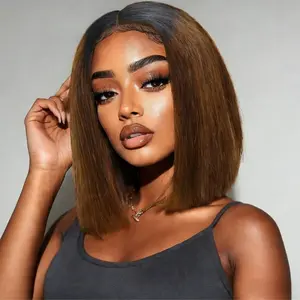 UNice 2x6 Lace Straight Short Bob Wig Chocolate Brown with Black Roots Middle Deep Part Human Hair Bob Wigs with Pre Plucked Hairline Natural Scalp