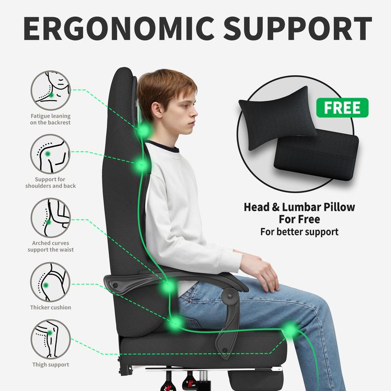 Gaming Chair, Big and Tall Gaming Chairs for Adults with Footrest and Lumbar Support, Comfortable Ergonomic Fabric Computer Chair 400 lbs, 360° Swivel, Height Adjustable Video Gamer Chair