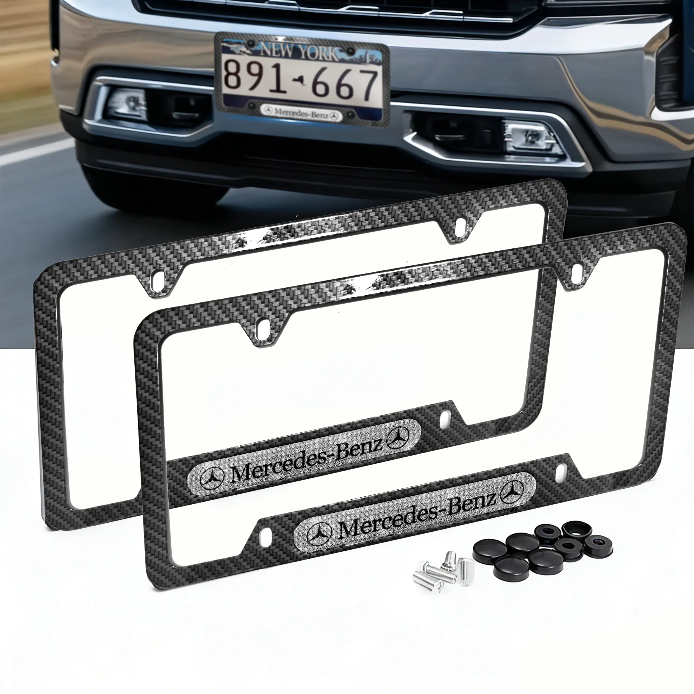 Mercedes-Benz Carbon Fiber Texture Metal License Plate Frame - Automotive Replacement Auto Parts Accessories, Sparkling Logo, Unisex Car Accessories for Vehicles