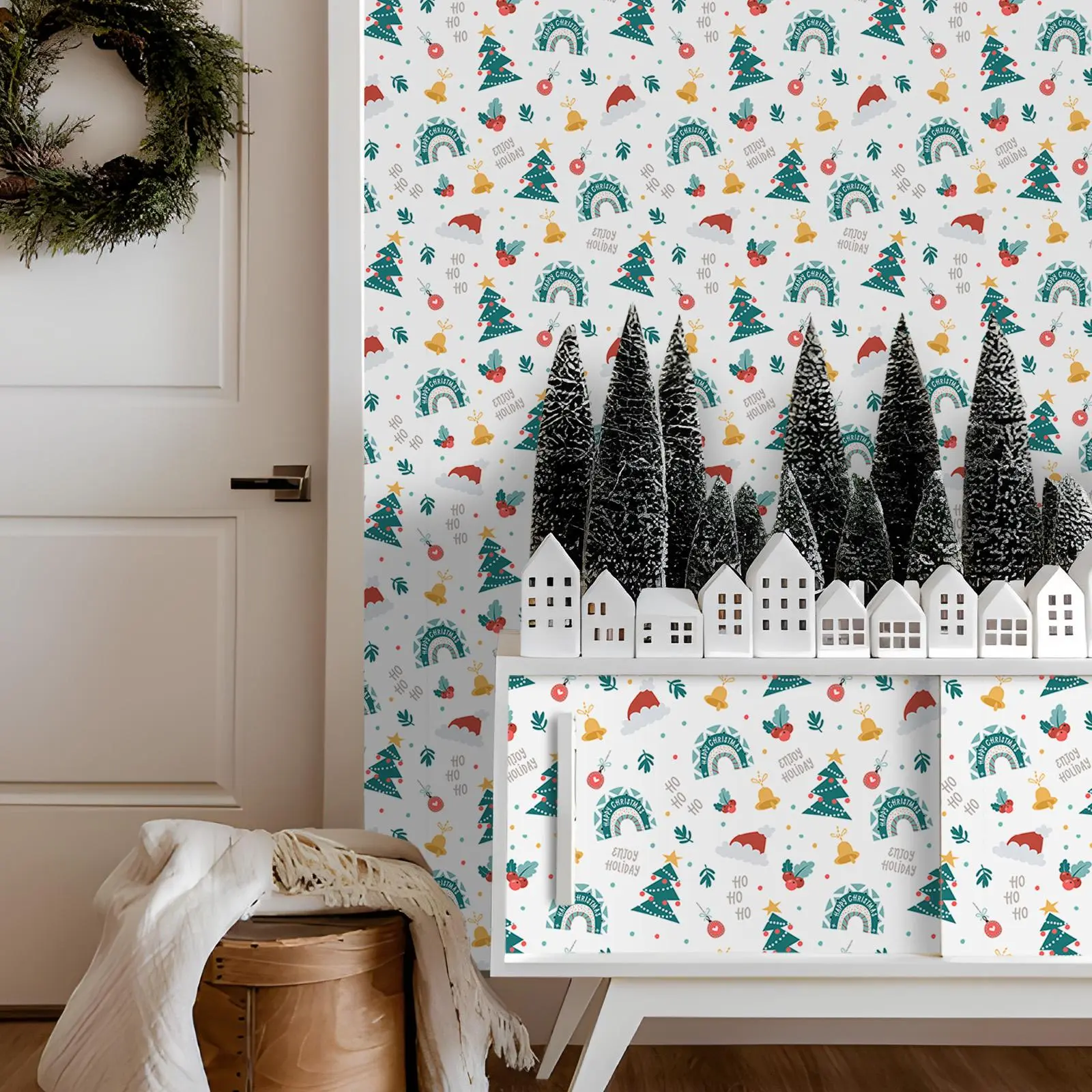 Cartoon Christmas Themed Wall Sticker, 1 Roll Removable Waterproof Wall Paper, Self Adhesive Wallpaper for Home Party Room Gift Box Dining Room Bedroom