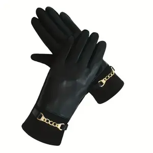 Women's Elegant Winter Leather Gloves - Thermal Insulated Windproof & Cold-Resistant, Multi-Color Options (Black, Burgundy, Brown, Grey, White, White/Tan) - Elastic Opening & Golden-ne Hardware, Casual & Formal Outdoor Dri, Christmas, Christmas Eve, Gifts