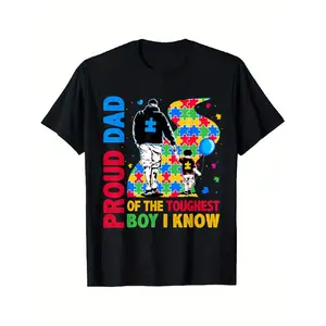 Autism Awareness Proud Dad of the Toughest Boy I Know T-Shirt - Black with Colorful Puzzle Print, Loose Fit Casual Round Neck Tee, Machine Washable, Comfortable Casual Attire, Playful Graphic Shirt, Easy Care Clothing