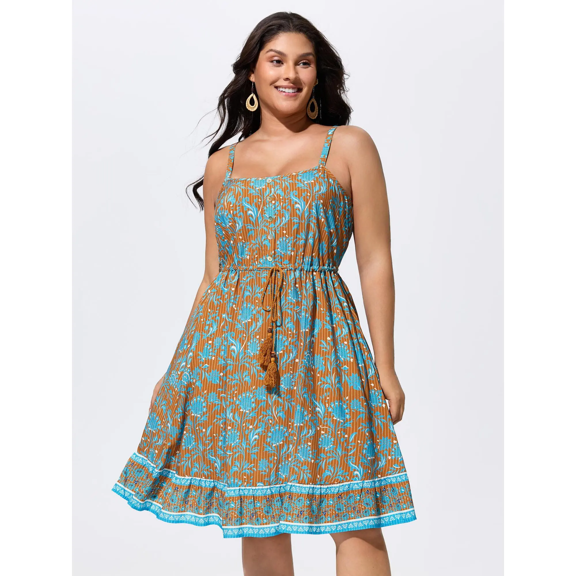 BloomChic Women's Plus Size Floral Striped Sleeveless Knee-Length Casual Dress - Round Neck, Lace-Up Tassels, Pocket, Rayon Fabric, Smooth, Breathable, Comfy, Fit, Cold Wash, Cool Iron, Do Not Tumble Dry