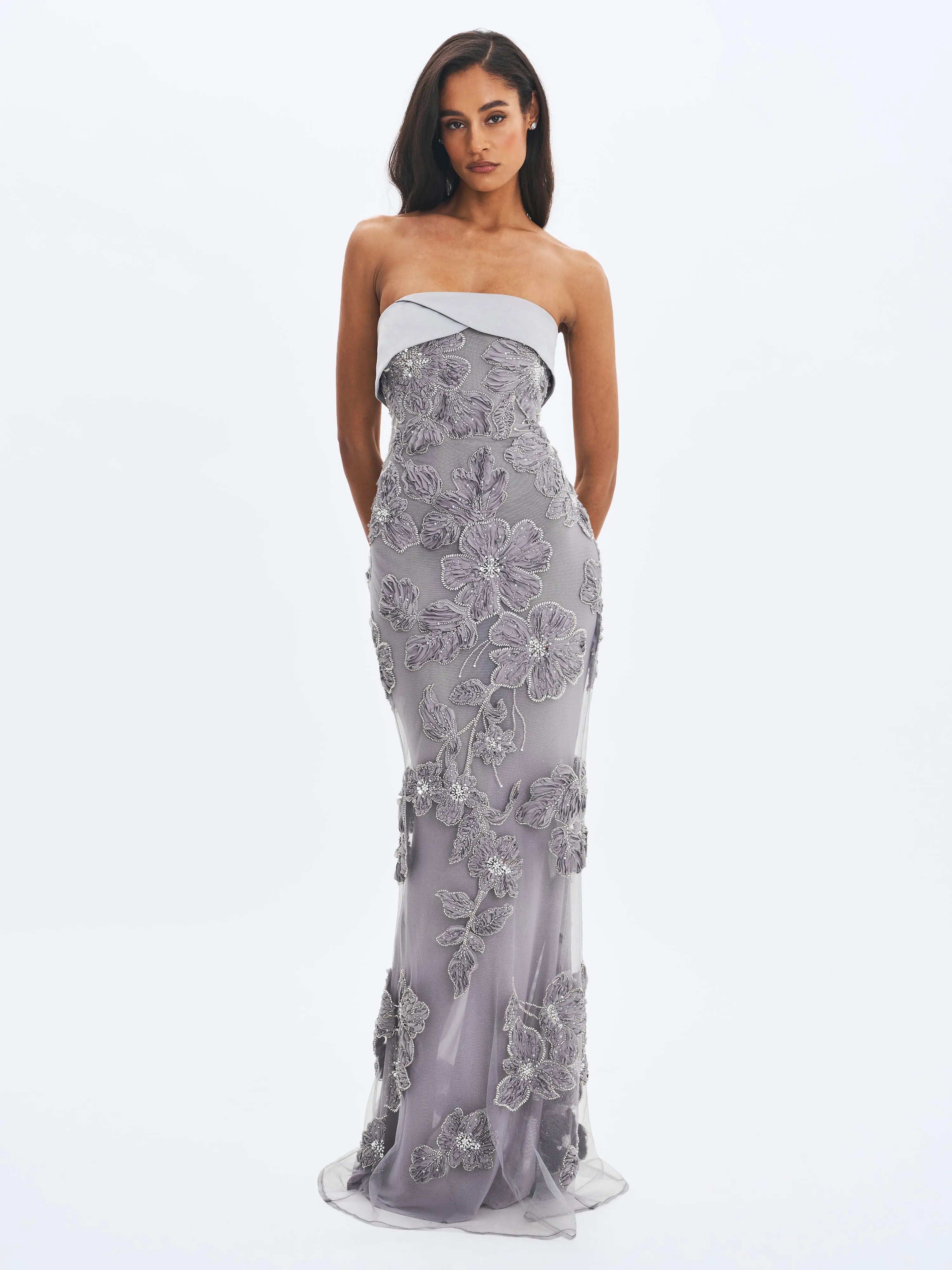 Raphaela Silver Beaded Floral Strapless Mermaid Maxi Dress
