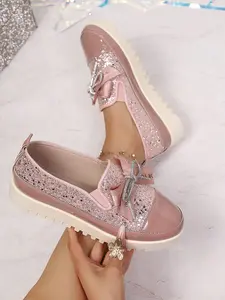 New Large Size 36-43 Women's Fashionable Slip-On Casual Shoes, Spring & Fall Sequin Bowknot Thick Sole, All Seasons Comfortable Single Shoe