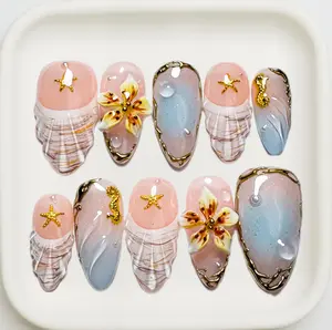 NailPopCo | Ocean Starfish Press On Nails, Pink Blue Gradient with Gold Seahorse & Shell Almond Fake Nails, Beachy Summer Reusable False Nail Set