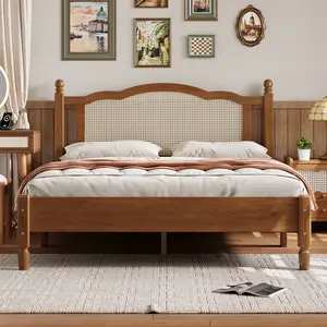 Queen Bed Frame, Queen Size Wooden Platform Bed Frame with Natural Rattan Headboard, Vintage Design, Wooden Slat Support, Walnut Finish