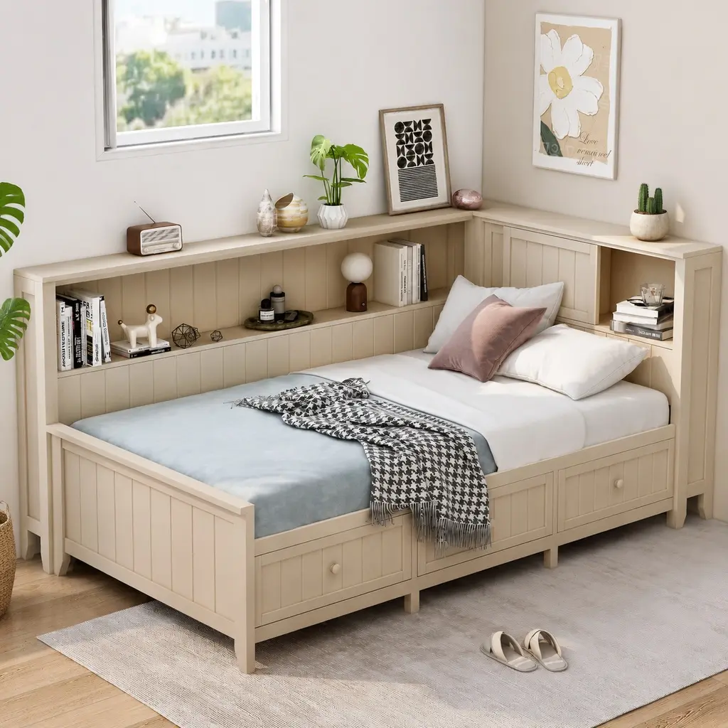 Twin Size Wood Daybed with Storage Shelves and 3 Drawers, Antique White Solid Wood+MDF Bed Frame, Farmhouse Style, No Box Spring Needed, Multi-Storage Space for Bedroom, Guest Room, Kids Room, Twin Size Options, Antique White Color Options