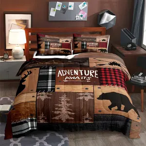 3PCS Rustic Cabin Comforter Set Queen Size, Farmhouse Bedding, Black Bear Deer Elk Moose Forest Animal Wildlife Hunting Brown Patchwork White Red, 2 Pillow Shams