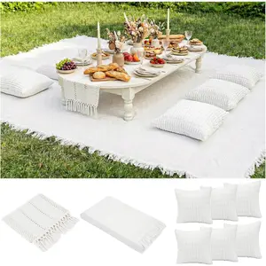 Outdoor Boho Picnic Blanket with Table Runner and 6 Throw Pillows Covers Wedding Party Decoration Photoshoot  Garden Party Decor Patio Lawn Outdoor Mat Beach Party theme Supplies White
