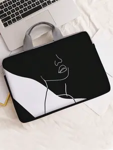 Black and White Figure Graphic Laptop Bag, 13-15 Inch Artistic Line Art Design with Top Handle, Casual Protective Sleeve for Daily Use