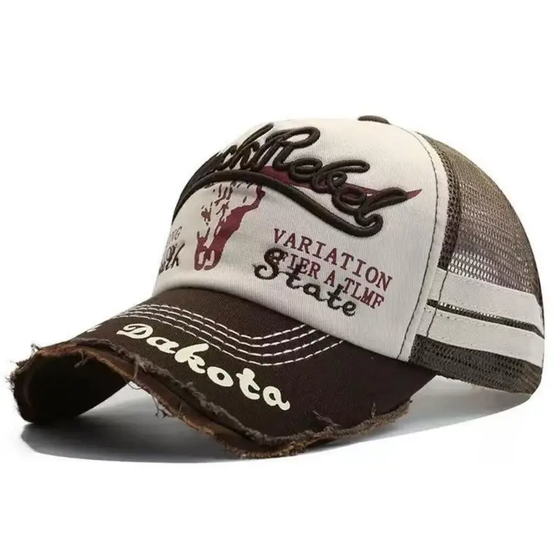 Men's retro baseball cap with torn edges, Mesh Cap, Trucker Snapback Hat, casual outdoor sports cap, suit style, suitable for daily use, Snapback Caps, Trucker Hats