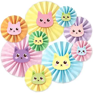 9 Pcs Cartoon Doll House Birthday Party Fan Decorations for Cartoon Theme Cats Birthday Party Supplies Multicolor Cat House Vibrant Fun Hanging Paper Fans for Birthdays Decorations Cute Cat Themed