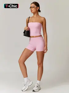 Women's Solid Color Crop Tube Top & Shorts Sportswear Set, Casual Comfy Breathable Two-piece Outfits for Yoga Gym Workout Running, Ladies Sportswear for All Seasons, Workout Running Clothes