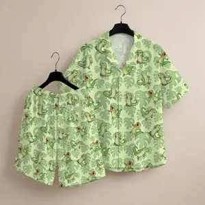 Cute Crocodile Tropical Hawaiian Matching Set Men Women Kawaii Gator Monstera Leaf Print Loose Comfy Green Summer Beach Vacation Shirt Shorts Outfit