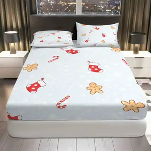 3Pcs Christmas Gingerbread Stocking Fitted sheet Three Piece Set (1*Fitted Sheet+2*Pillowcases, Coreless), Holiday theme, Festive Bedding Set, Mattress protector Soft, Breathable