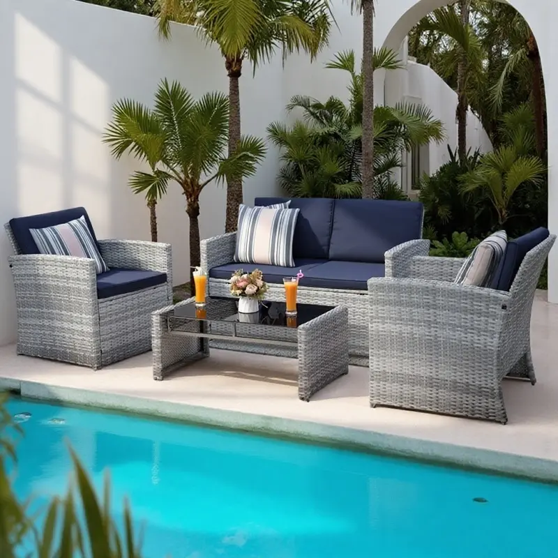 【Restock】Murago 4 PiecePatio Furniture Set, Wicker Outdoor Conversation Sets, Patio Furniture with Matching Wicker Coffee Table, Sofa, and 2 Chairs,Grey Rattan with Navy Blue Cushion