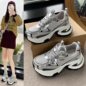 Silver dad sneakers for women, spring/summer 2026 new model, thick-soled, height-increasing, foot-slimming, breathable casual sports shoes