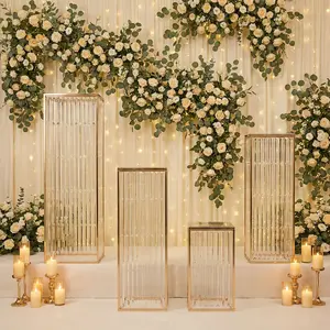 Gold Metal Pedestal Stands – Set of 4 Pre-Assembled Rectangular Cake and Floral Display Risers with Acrylic Top & Crystal Pendant Strip Chains – 16", 24", 32", 40"