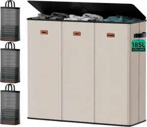 185L Laundry Hamper with Lid, 3 Section Laundry Sorter, Dirty Clothes Hamper with 3 Removable Bags, Extra Large Collapsible Laundry Basket for Home, Laundry Room