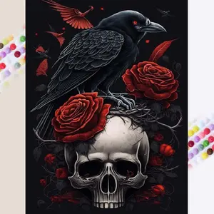 5D DIY Full Drill Round Drill Painting - Diamond Painting Kit Raven Skull Mosaic Canvas DIY Wall Art, Home Wall Decoration