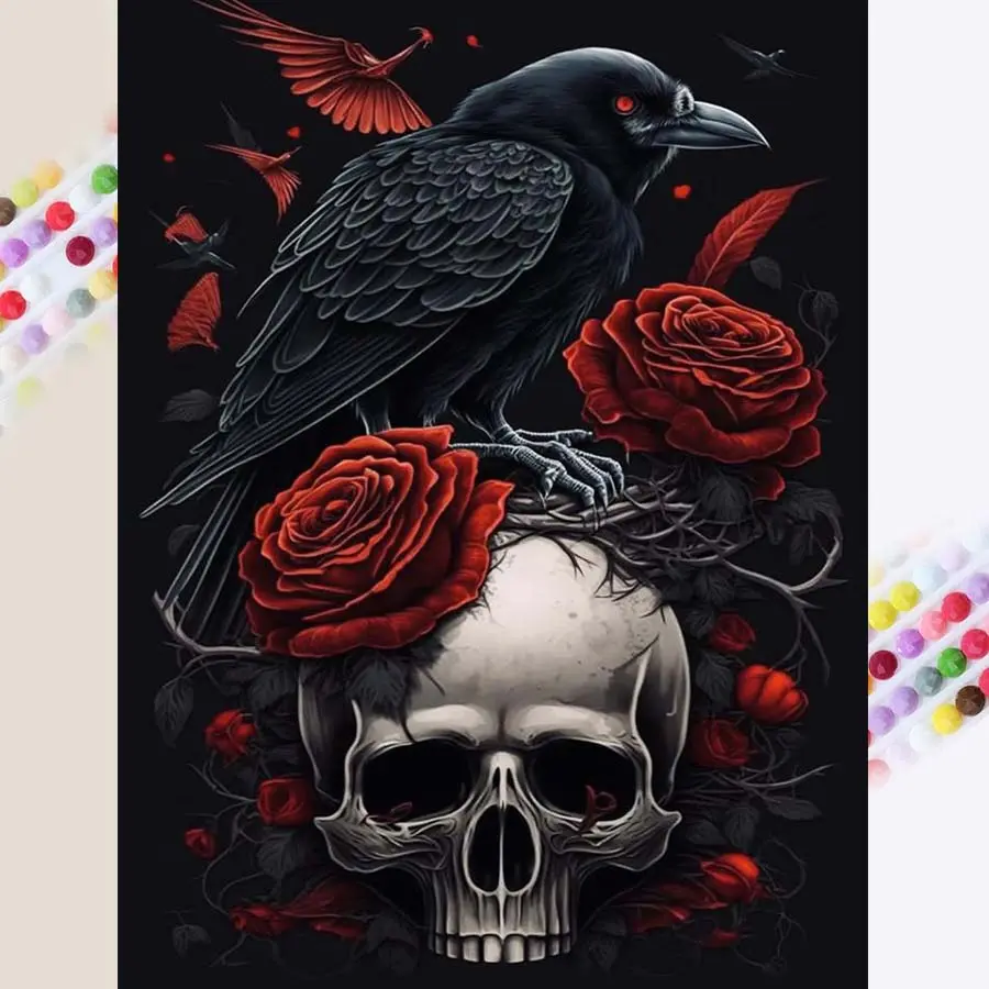 5D DIY Full Drill Round Drill Painting - Diamond Painting Kit Raven Skull Mosaic Canvas DIY Wall Art, Home Wall Decoration