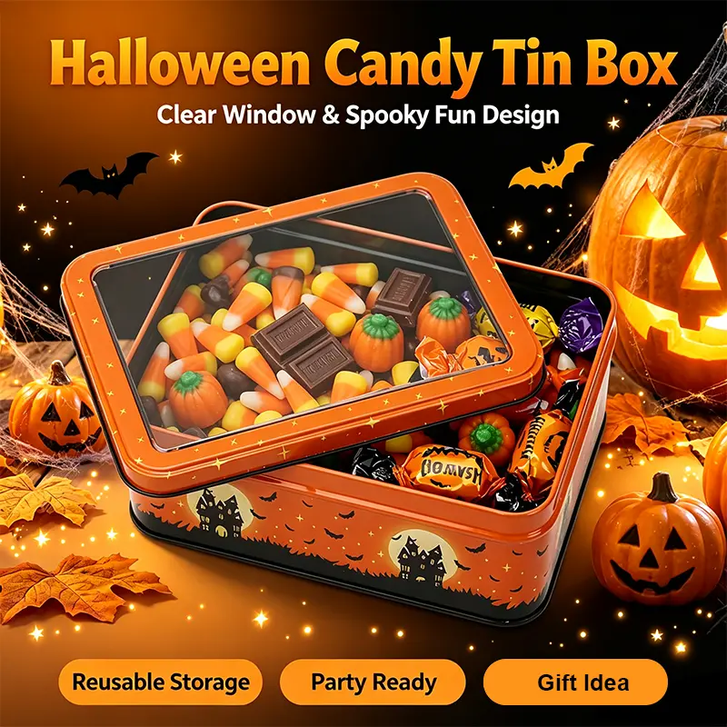 Halloween Clear Lid Candy Tin, Cute Witch & Pumpkin Cookie Storage Box, Reusable Treat Gift Container for Party Favors, Baking & Spooky Season Decor homedecor