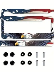 2pcs American Flag Eagle Emblem License Plate Frame, High-Grade Aluminum Alloy, Windproof Rainproof, Fits All Vehicles