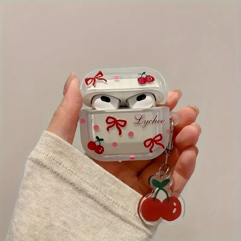 Cherry Bow Tie TPU Case Compatible with AirPods 1/2/3/4 and AirPods 3/Pro/Pro2 - Cute Wireless Earphones Headphones Shockproof Protective Cover - Birthday Gifts for Boyfriend/Girlfriend - Protection