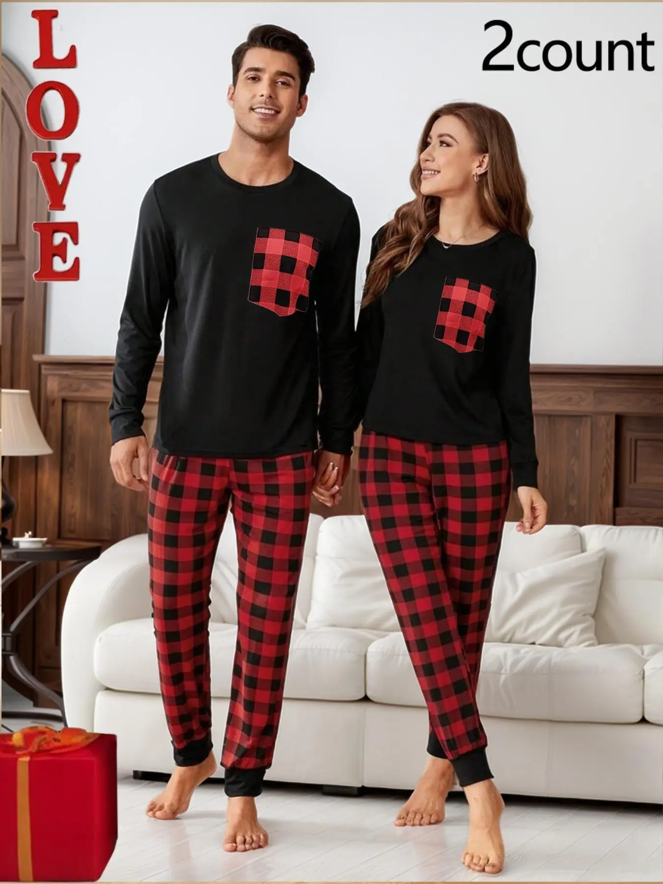 Couple Long Sleeve Sleep Tee & Jogger Pants Pajama Two-piece Set, Casual Comfy Round Neck Top & Elastic Waist Trousers Matching Pajamas Pj Set, Valent