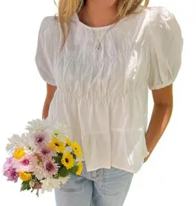 Tankaneo Womens Puff Sleeve Peplum Babydoll Tops Summer Smoked Pleated Cotton T-Shirts Casual Loose Fit Flowy Blouse