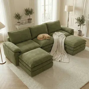 Modern 118-inch L-shaped Modular Sofa - Comfortable Non-rigid Design for Living Room - No Assembly Required - Stylish Flannelette Corner Sofa in Velvet Cloud White Shape Chenille couches