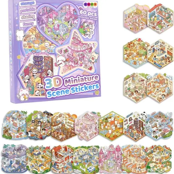 Summer Spring Gift 2026 Gift DIY 3D Sticker Scenes 20 Sets of Stickers for Girls Make Your Own Mini Shop House Scene Stickers for Kids Cute Fun Cartoon Animal Sticker