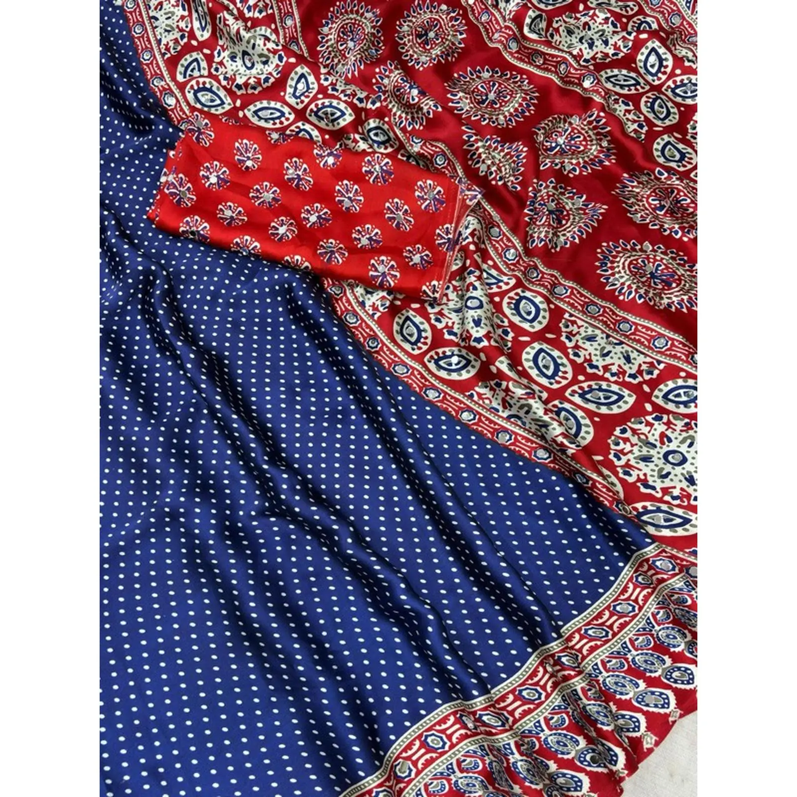 Japan sattin With original mirror work With beautiful latkan Blue Black Purple Red Patterned Fabric with Intricate Designs and Vibrant Colors