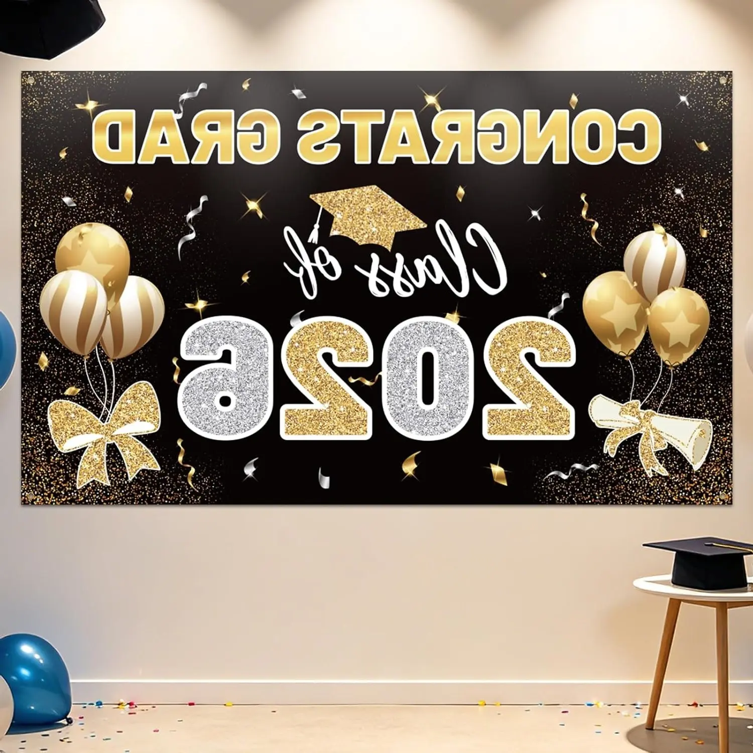 2026 Graduation Backdrop 70.8x43.3 Inch Black Gold