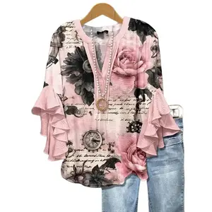 Classic Floral Print Ruffle Sleeve Top Going Outfits Blouses Women Vintage 90s Tops Funny Shirts Women Elegant Classy Tops Blouse milk pink belly crop amanda blue Womenswear  cute summer outfit  july outfits women outfits plus size clothes Casual Vneck